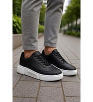 Günlük Erkek Spor Ayakkabı Bağcıklı Dikiş Detaylı Hafif Kalın Yüksek Taban Sneaker MC06 (Siyah - Beyaz)