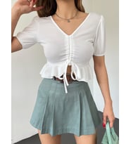 Pelin Kadın Beyaz Sırtı Açık İpli Kısa Kollu Crop Bluz PELIN-5714