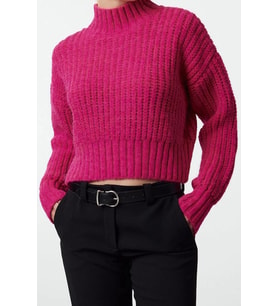 Stil Modern Kadın Crop Standart Kol Dik Yaka Yumuşak Dokulu Basic Kalın Örgü Detaylı Triko Kazak (Fuşya)
