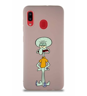 Samsung Galaxy A20 Soft Premier Kapak Squidward Dokunaç Tasarımlı Silikon Kılıf - Pudra (Şeffaf)
