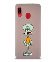 Samsung Galaxy A20 Soft Premier Kapak Squidward Dokunaç Tasarımlı Silikon Kılıf - Pudra (Şeffaf)