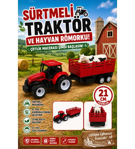 Oyuncak Sürtmeli Traktör ve İnekli Hayvan Römorku Çiftlik Seti 21 cm