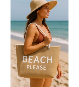 Beyaz Beach Please Yazılı Büyük Boy Piknik ve Plaj Çantası –  Halat Saplı – 55x36x15 cm (Standart)