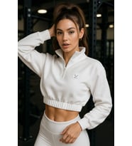 Kadın Fermuar Yaka Detaylı Crop Lastikli Rahat Kalıp Sweatshirt