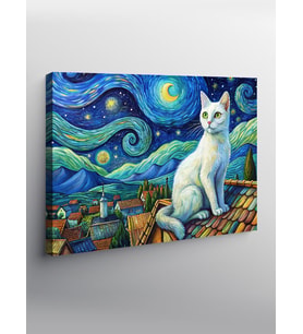 Kanvas Tablo Beyaz Kedi  Ve Retro Evler Van Gogh Tarzı