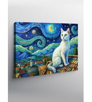 Kanvas Tablo Beyaz Kedi  Ve Retro Evler Van Gogh Tarzı