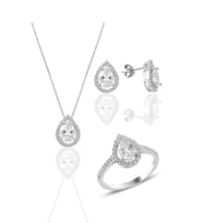 Söğütlü Silver Gümüş rodyumlu zirkon taşlı damla modeli üçlü set
