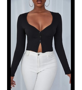 Fantezia Night Kadın Siyah Uzun Kollu Düğmeli Göğüs ve Göbek Dekolteli Crop Top Bluz
