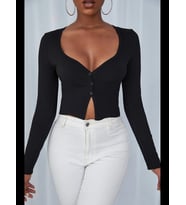 Fantezia Night Kadın Siyah Uzun Kollu Düğmeli Göğüs ve Göbek Dekolteli Crop Top Bluz