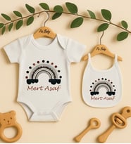 Pia Baby Premium %100 Pamuk İsme Özel Organik Baskılı Çıtçıtlı Bebek Body Ve Önlük 5085-20 (Ekru)