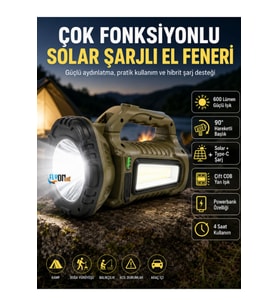 Solar Şarjlı El Feneri 600 Lümen 90° Hareketli Başlık COB Yan Işık Powerbank Özellikli Kamp ve Acil Durum Lambası Güneş Enerjili