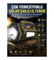 Solar Şarjlı El Feneri 600 Lümen 90° Hareketli Başlık COB Yan Işık Powerbank Özellikli Kamp ve Acil Durum Lambası Güneş Enerjili