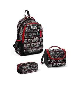 Coral High Kids Siyah Kırmızı Araba Desenli 3'lü Okul Çanta Seti SET0114429 - Erkek (Çok Renkli)