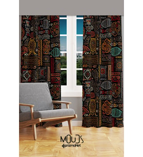 Hitit Figure 4 Desenli Süet Oturma Odası Salon Fon Perde Baskılı Ekstrafor Büzgü 2 Kanat PRD-1017