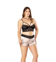 HotFlirt NL 3562 Büyük Beden Altı Desenli Üstü Dantel  Şortlu Gecelik (Çok Renkli)