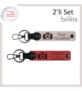 Kadrajında Sevgi Olsun, Kamera Motifli, Kişisel Yazılı 2’li Anahtarlık Seti, Pudra-Nar Çiçeği