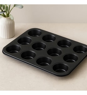 12 Gözlü Metal Muffin Kek Kalıbı - Siyah (Düz)