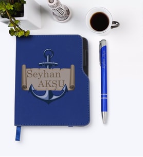 BK Gift Kişiye Özel Çapa Tasarımlı Lacivert Termo Deri Defter Kalem Seti-3