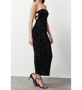 Moda Fit Mezuniyet Balo Finike Dokuma Asimetrik Yaka Kolsuz Kol Bodycone Midi Boy Elbise