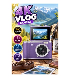 4K Vlog Kamerası 48 MP – Otomatik Odaklama, Flip Ekran ve Dahili Flaş