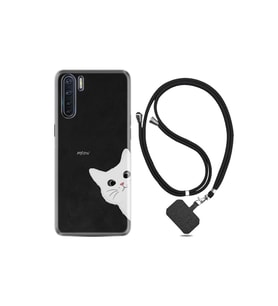 Oppo A91 Kılıf Resimli Desenli Silikon Boyun Askılı Çılgın Kedi 1895