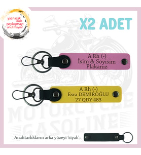 Motosiklet Severlere Özel, İsim Plaka ve A Rh (-) Kan Grubu Acil Durum x2 Anahtarlık, Sarı-Pembe-Syh