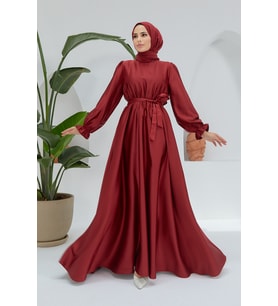 Liza Kuşaklı Saten Elbise - Bordo