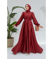 Liza Kuşaklı Saten Elbise - Bordo