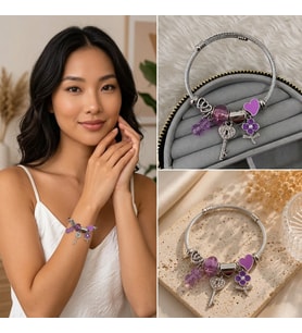 Premium Mor Kalp ve Anahtar Charm Detaylı Gümüş Renk Kadın Charm Bijuteri Bileklik (20cm)