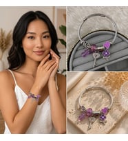 Premium Mor Kalp ve Anahtar Charm Detaylı Gümüş Renk Kadın Charm Bijuteri Bileklik (20cm)