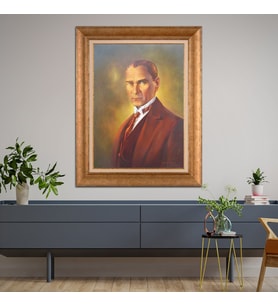 Altın Varaklı Çerçeveli Paspartulu Atatürk Tablo TR0913 (Gold)