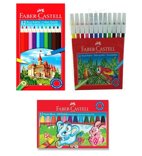 Faber Castell Kuru Boya 12 li Tam Boy - Pastel Boya 12 li - Keçeli Boya Kalemi 12 li - 3lü Set