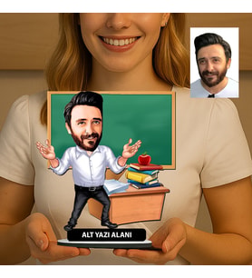 Kişiye Özel Öğretmen Karikatürlü 18 cm MDF Masaüstü Biblo - Öğretmen Hediyesi Öğretmene Özel Hediye