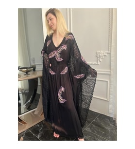 Fıransız Tasarım İşlemeli Siyah Abiye Elbise Kaftan Abaya