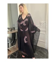 Fıransız Tasarım İşlemeli Siyah Abiye Elbise Kaftan Abaya