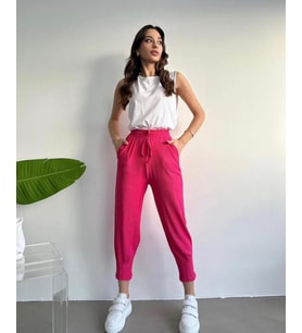 Pembe Bel Büzgülü Bürümcük Kumaş Kadın Eşofman Alt (A.Pembe)