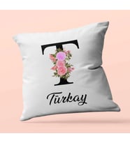 Kişiye Özel T Harfi Temalı Çiçekli Tasarım Saten Kare Yastık (Beyaz)