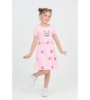 Toontoy Kız Çocuk Kedi Baskılı Elbise (Açık Pembe)