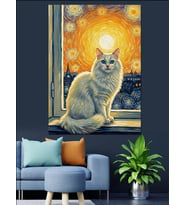 Van Gogh Stili Pencereden Bakan Beyaz Kedi Dekoratif Kanvas - Mdf Ahşap Tablo
