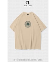 Unisex Kadın Erkek Valknut and Vegvisir Baskılı Özel Tasarım Oversize T-shirt (Bej)