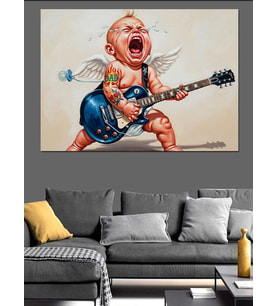 Ağlayarak Gitar Çalan Melek Bebek İllüstrasyon Dekoratif Kanvas - Mdf Ahşap Tablo
