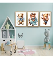 Erkek Çocuk Çocuk Odası Dekoratif  Üçlü Tablo Seti (Beyaz - Kahverengi)