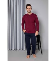 Erkek 3 Düğme Uzun Kol Göğüs Cepli 2 İplik Kışlık Cepli Pijama Takımı  (Bordo)