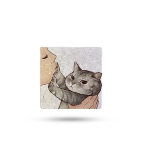 Doğaltaş Bardak Altlığı Sevimli Kedi Baskılı 10x10cm %100 Traverten Doğal Taş
