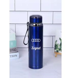 1 Litre Paslanmaz Çelik Araç Baskılı Termos  12 Saat Sıcak Soğuk Tutma  Dayanıklı Yapı (Mavi)