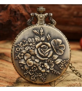 Valkyrie Zarif Kabartma Çiçek Desenli Vintage Bronz Cep Saati - Kolye Köstekli Retro Hediye