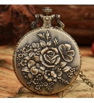 Valkyrie Zarif Kabartma Çiçek Desenli Vintage Bronz Cep Saati - Kolye Köstekli Retro Hediye