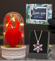 Gerçek Ametist Taşlı Lotus Kolye ve Led Işıklı Tasarım Fanus Hediye Seti (Model 3)