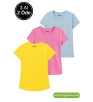 Kadın 3'lü Paket Sarı-Pembe-Mavi %100 Organik Pamuk Normal Kesim Tişört Bisiklet Yaka T-Shirt