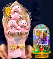 Kişiye Özel Renkli Led Işıklı Fanus ve Büyük Boy Pembe Ayıcık Buketi (Model 6)